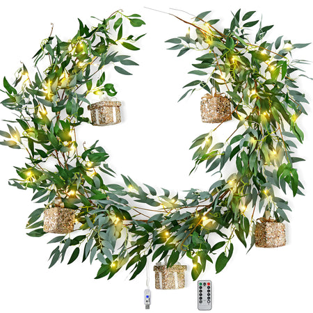 Lighted Willow Leaf Artificial Garlands with Gift Ornaments and Remote
