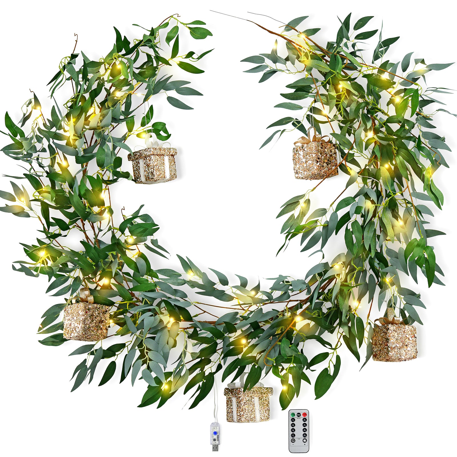 Lighted Willow Leaf Artificial Garlands with Gift Ornaments and Remote