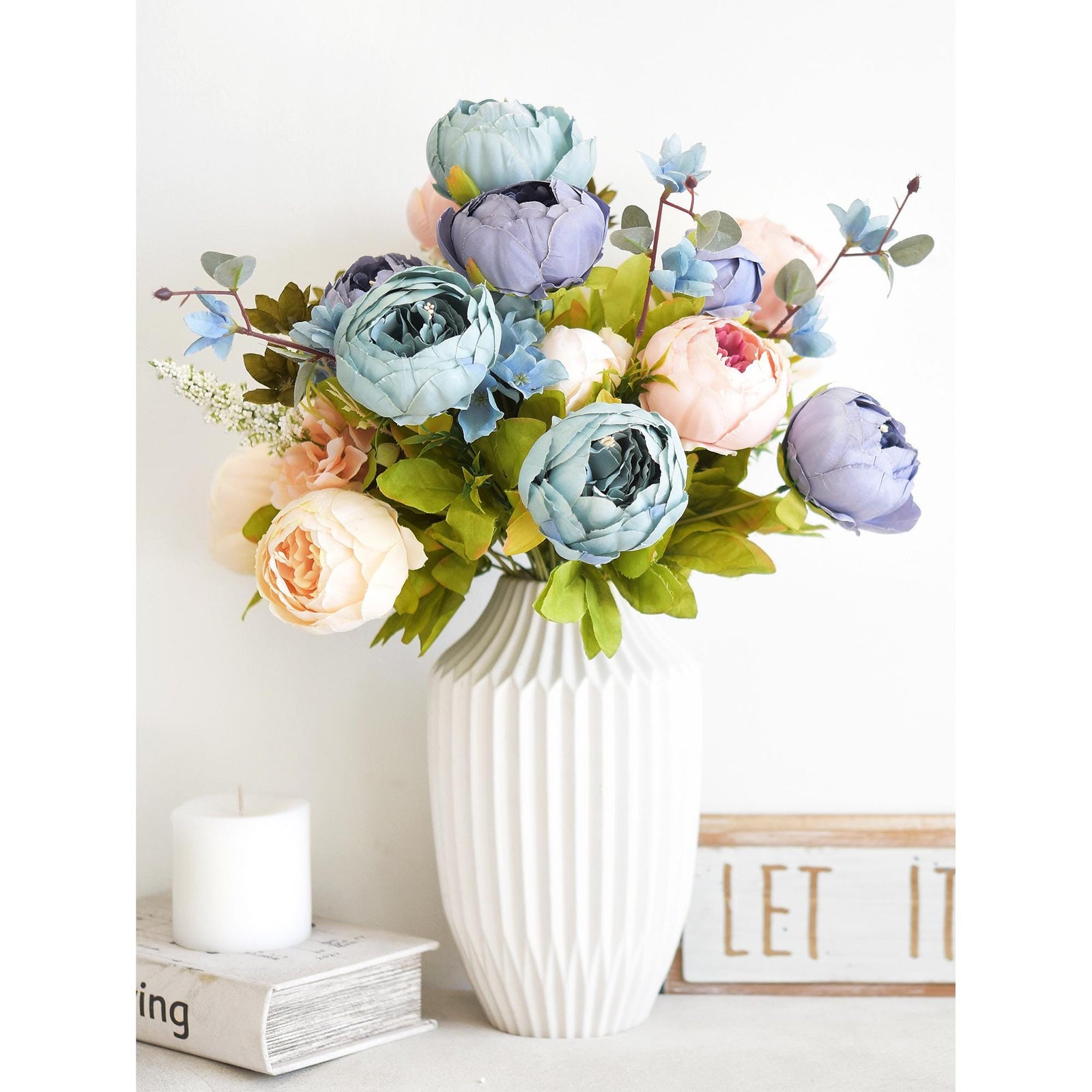 FiveSeasonStuff 2 Bundles of Blue & Pink Peonies Artificial Flower Bouquet