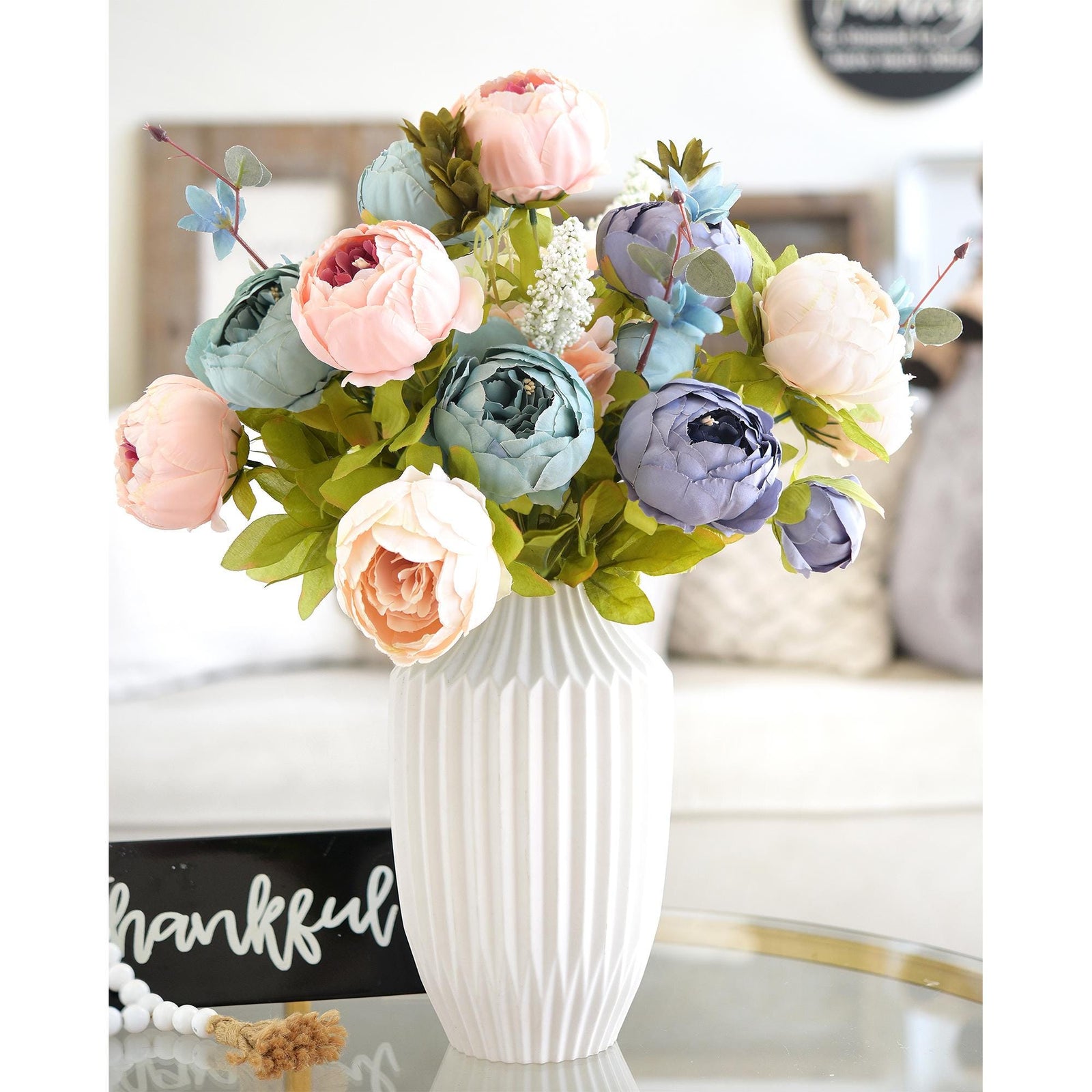 FiveSeasonStuff 2 Bundles of Blue & Pink Peonies Artificial Flower Bouquet