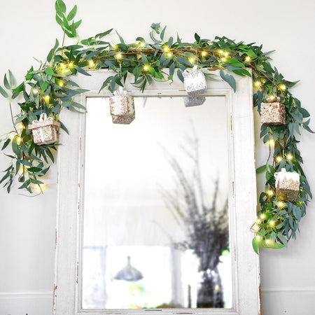 Lighted Willow Leaf Artificial Garlands with Gift Ornaments and Remote