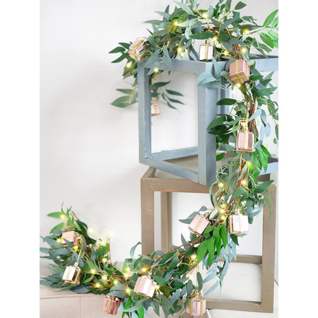 Lighted Willow Leaf Artificial Garlands with Gift Ornaments and Remote