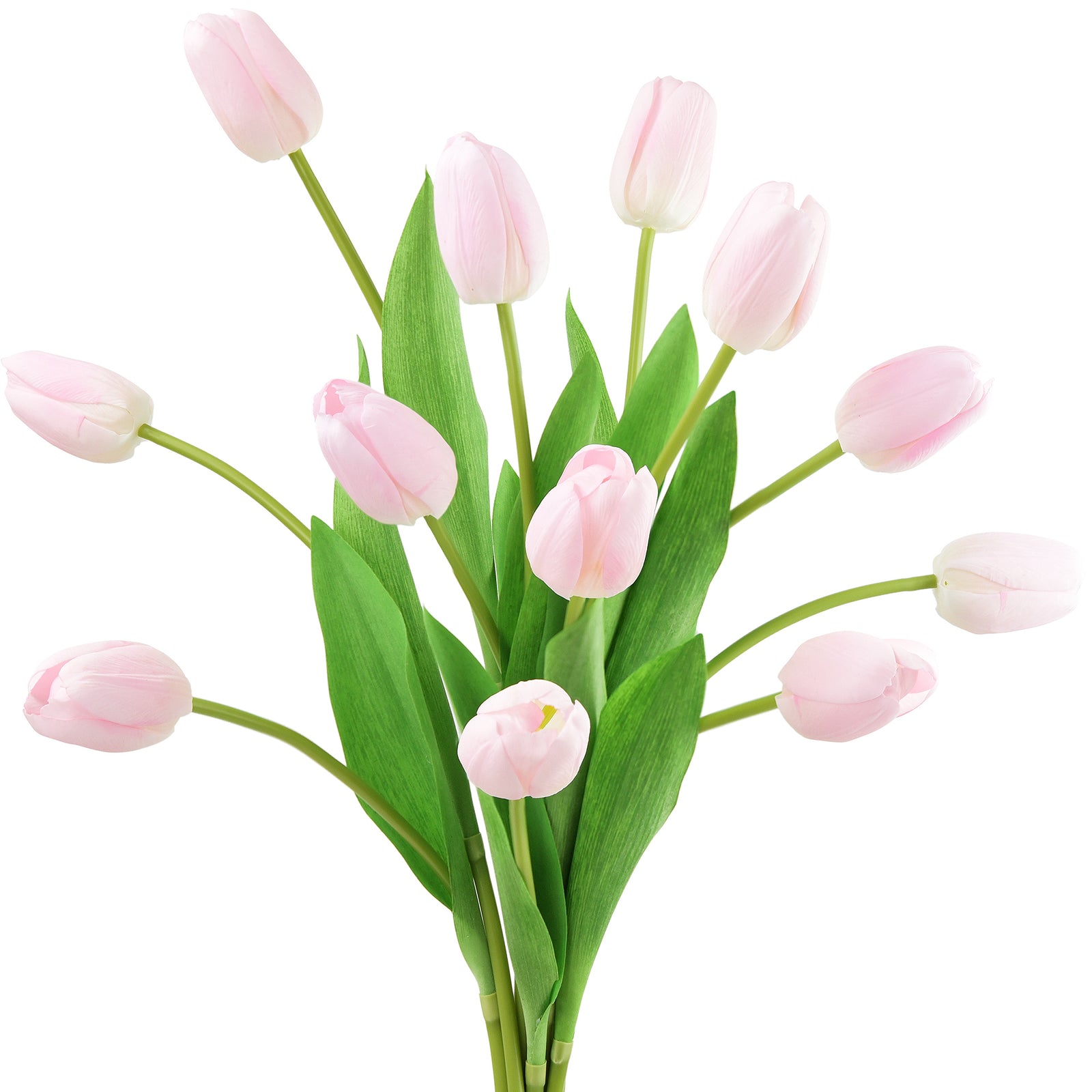 Bouquet of light pink artificial tulips with lush green leaves, showcasing realistic petals and vibrant design