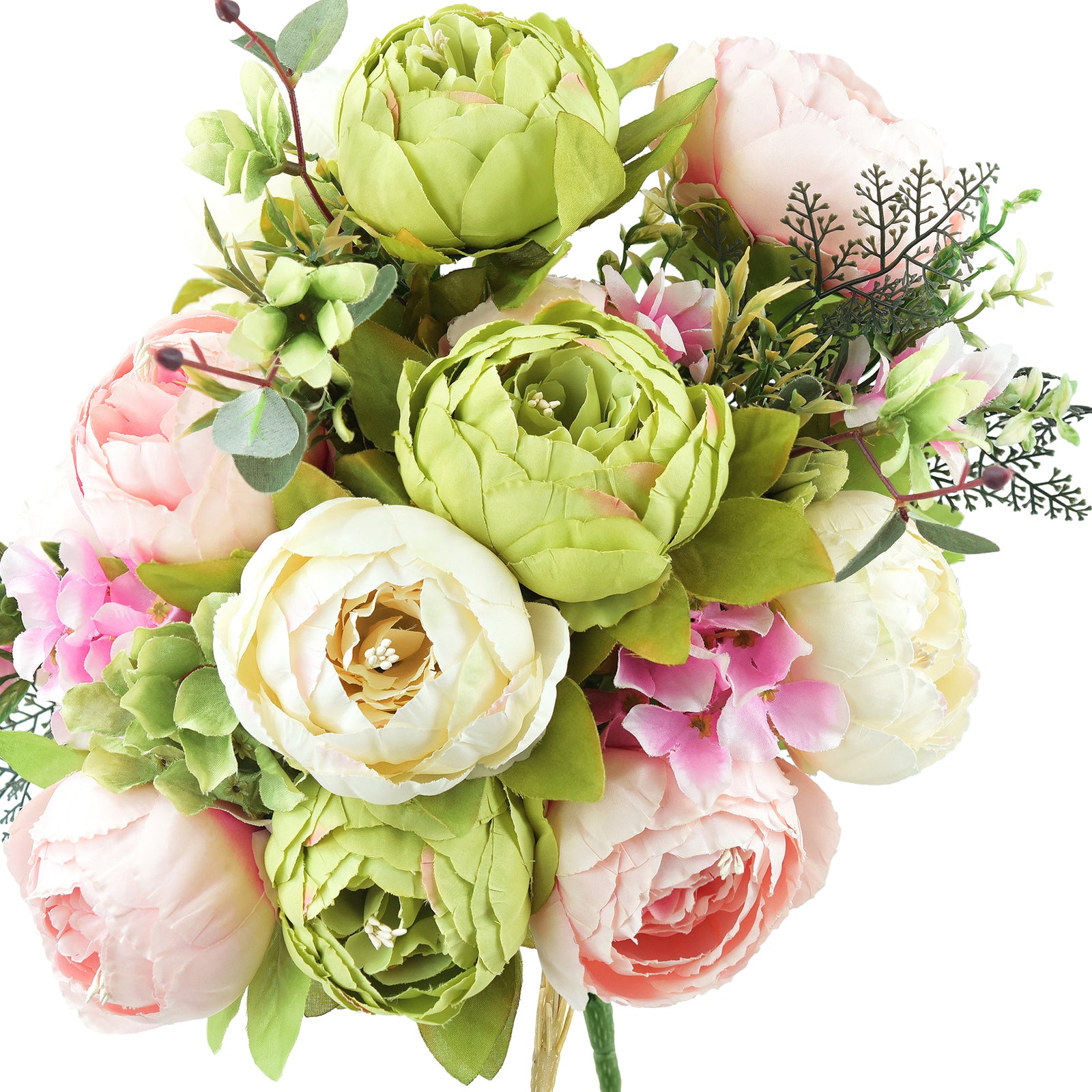 Detailed view of artificial peonies and hydrangeas with lush petals in cream, green, and blush pink, highlighting realistic texture and vibrant colors.