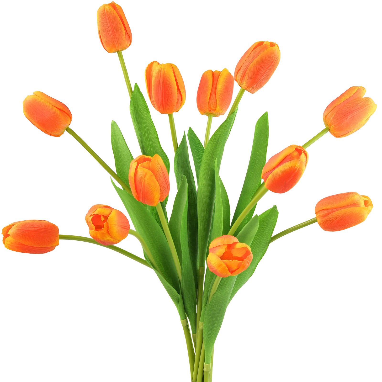 Artificial long-stem orange tulips in a glass vase, perfect for home or event décor.