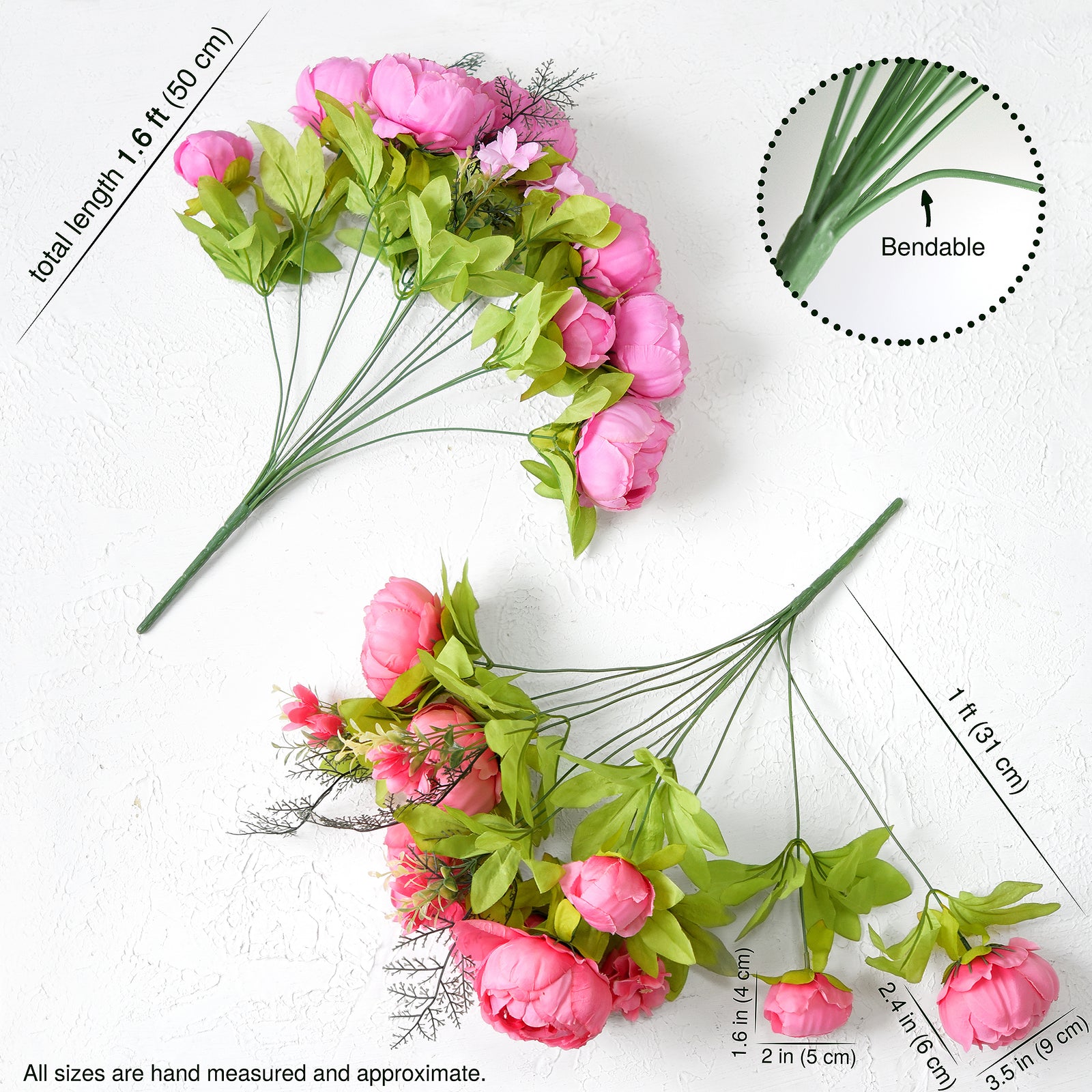 Two artificial peony bundles laid flat with labeled dimensions showing full bloom sizes and stem lengths for accurate styling reference.