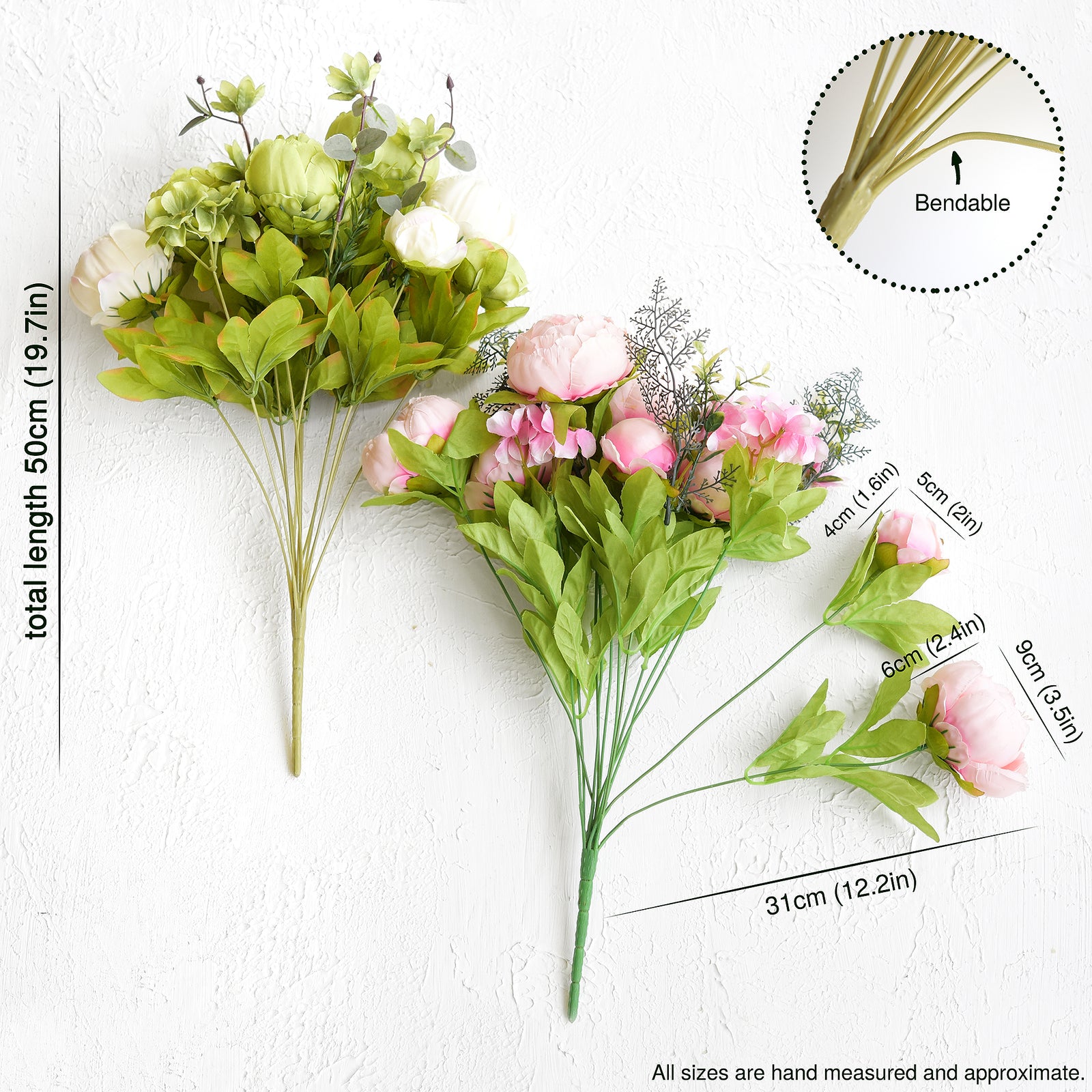 Size and dimension reference for artificial peony and hydrangea bouquet, including flower head sizes and total bouquet length.