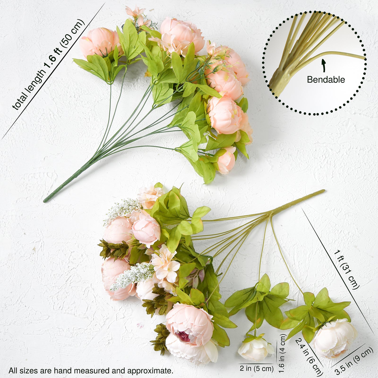 Two bunches of artificial peony stems with labeled dimensions and sizes, showing approximately 50 cm length and flower head measurements.