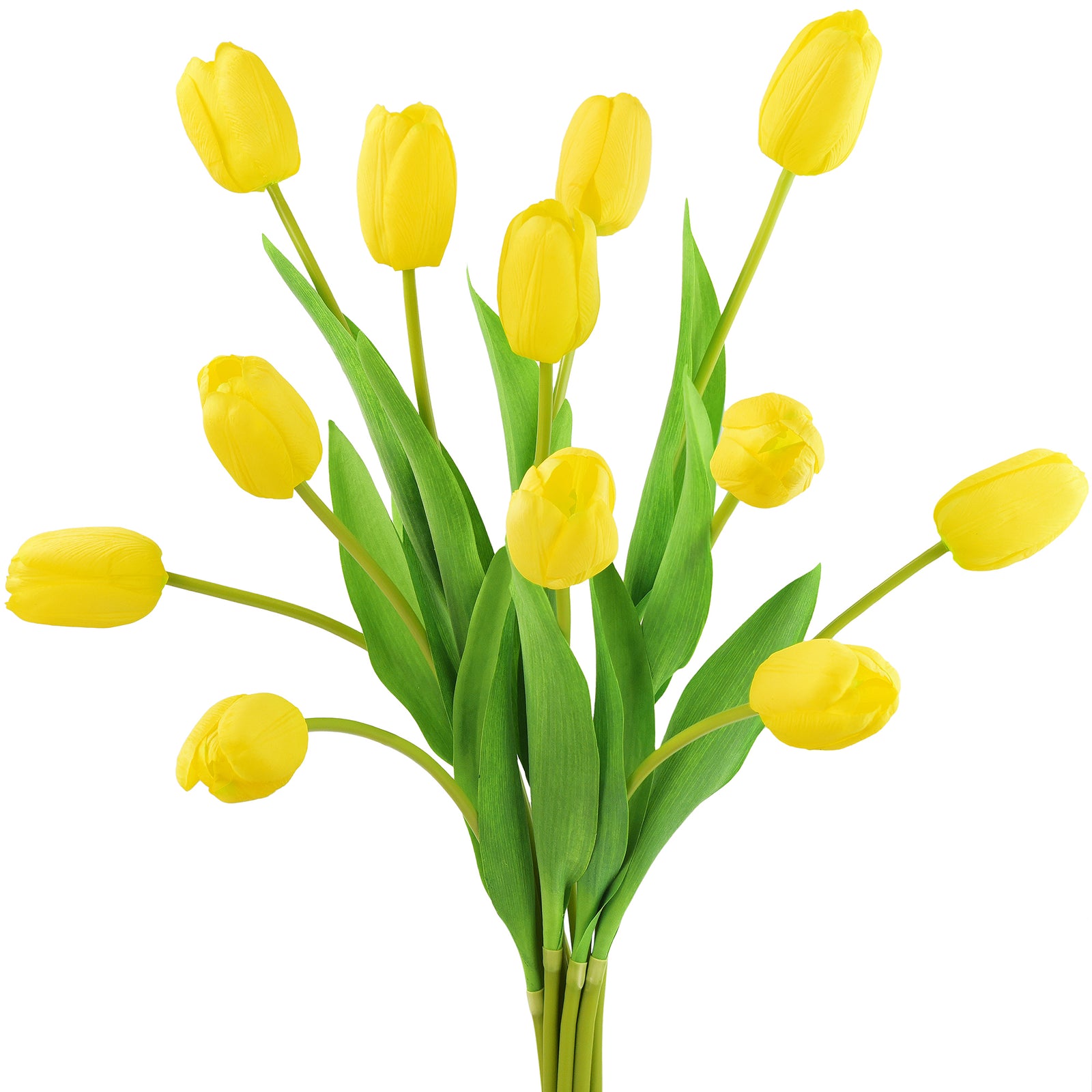 Vibrant artificial long stem yellow tulips arranged in a realistic bouquet with lush green leaves, perfect for home decor or events.