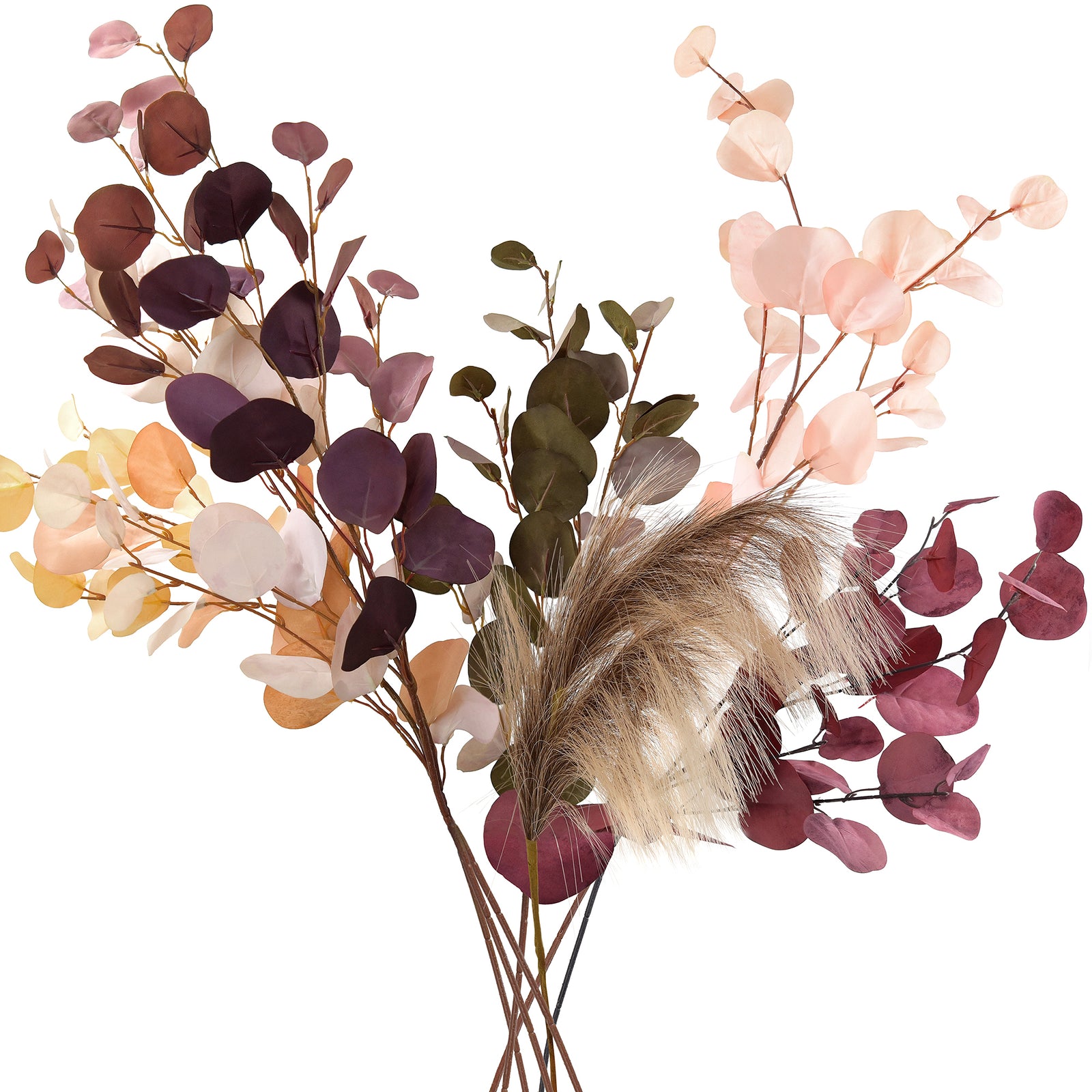 Silk eucalyptus stems in rich Burgundy and Taupe shades, being held with pampas grass for versatile decor.