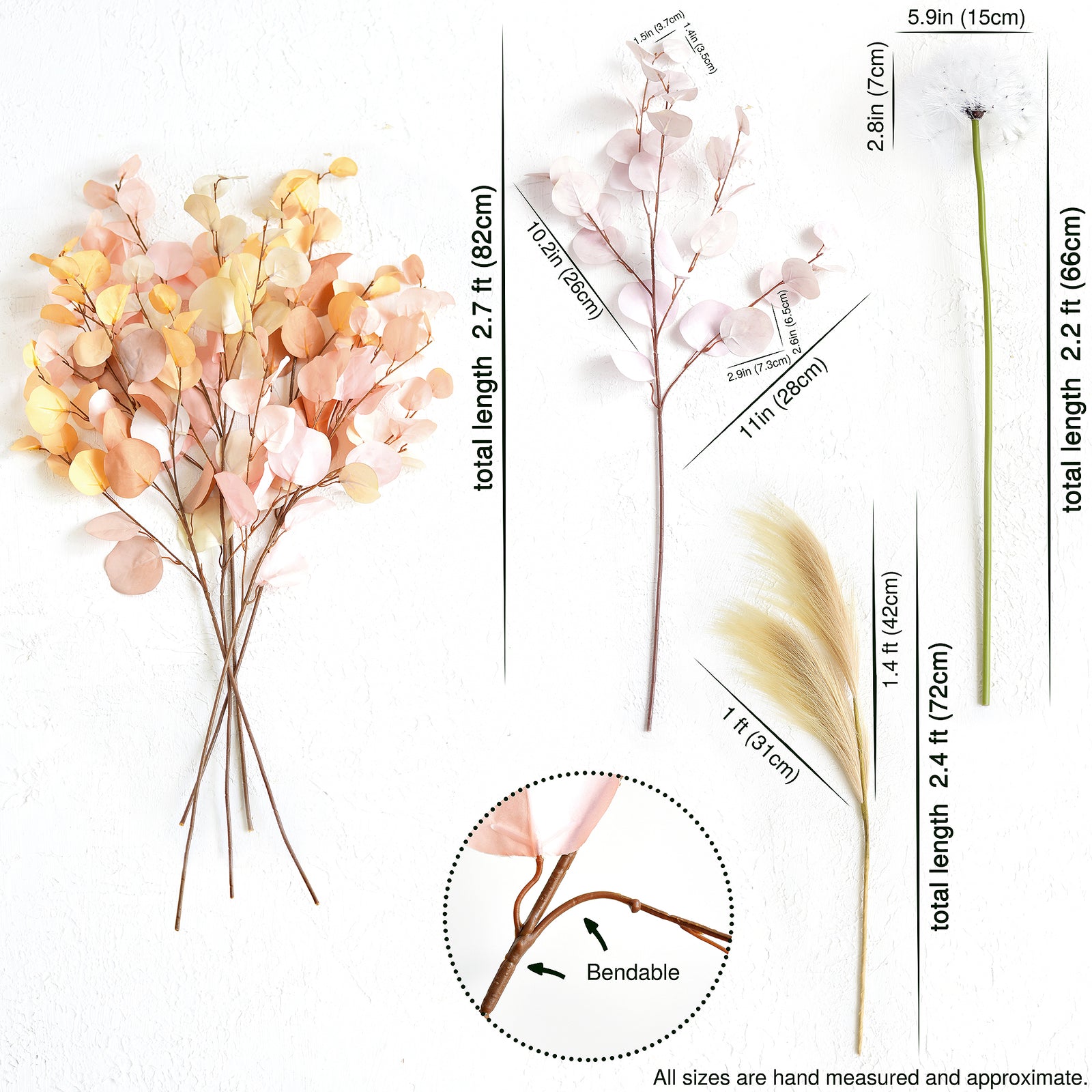 Handpicked silk eucalyptus stems in Dusky Ember and Burnt Orange with product dimensions and bendable stems for customizable floral designs