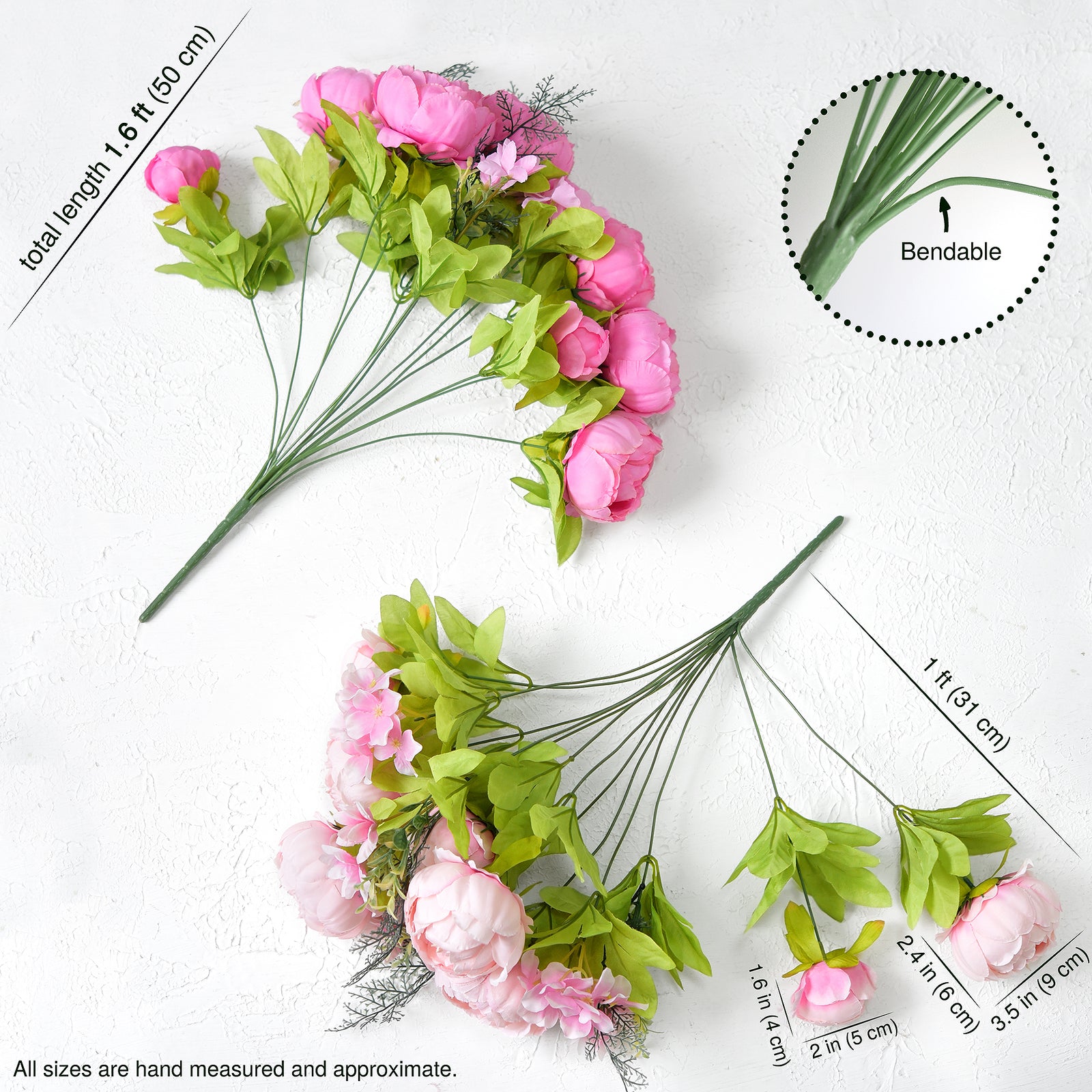 Two artificial peony bouquet bundles displayed flat with measurement labels showing approximate height and bloom size.