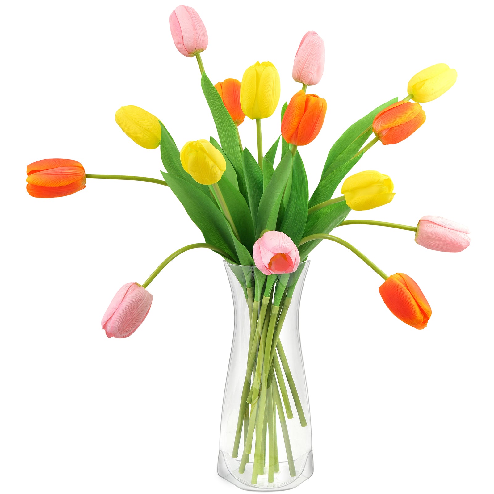 Realistic artificial tulips in vibrant yellow, orange, and pink hues arranged in a clear vase, showcasing their lifelike stems and blooms, perfect for spring and home decor.
