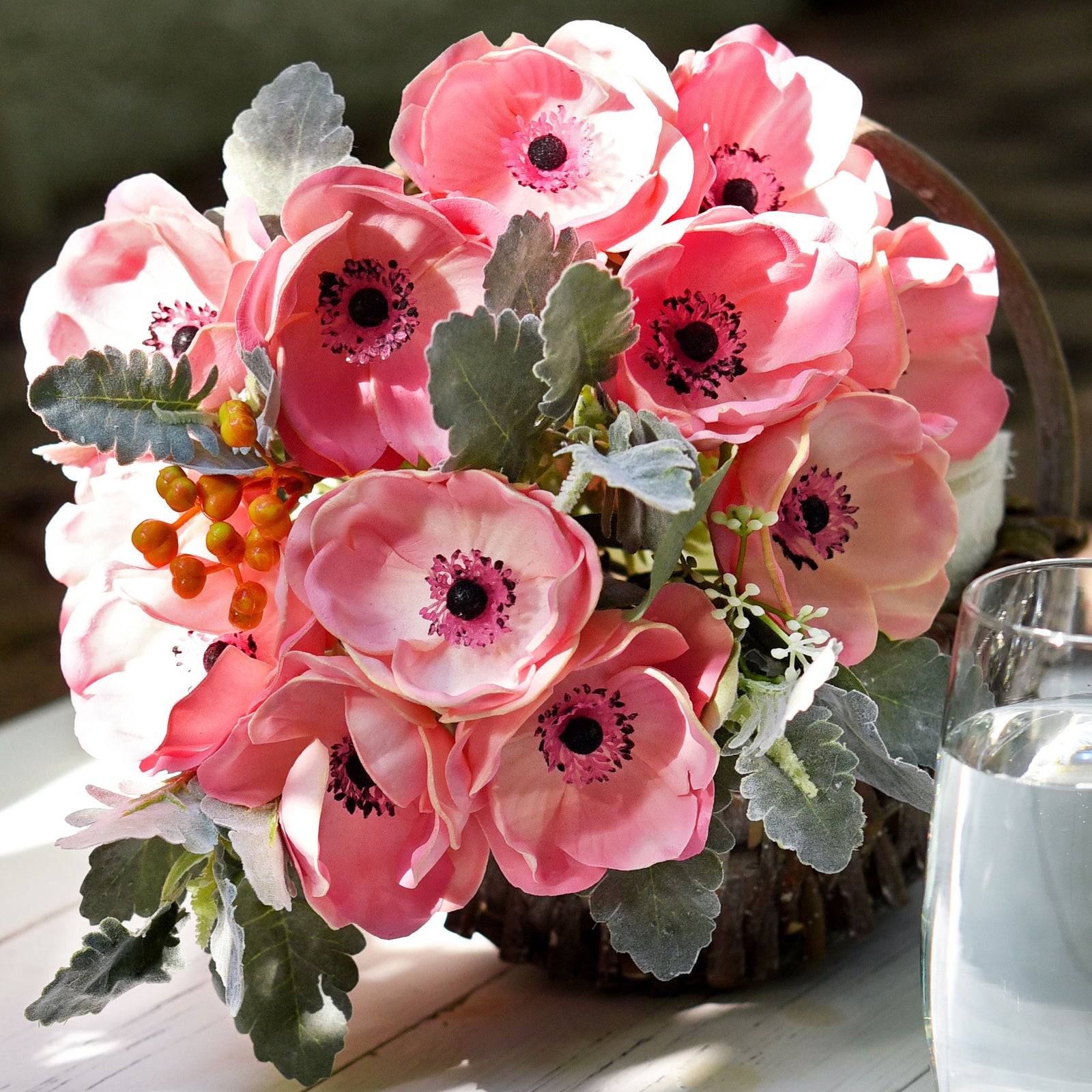 12 Long Stems of ‘Real Touch’ Artificial (Pink) Anemone Flowers, Wedding Bouquet Flower Arrangement, 45cm (17.7 inches)