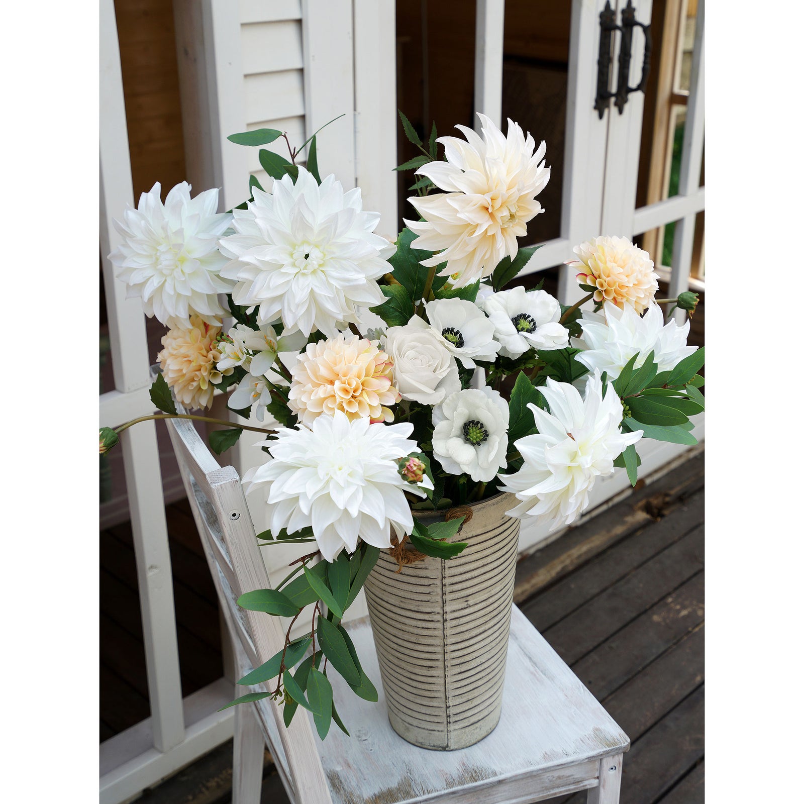 FiveSeasonStuff Artificial Flowers Dahlia Silk Flowers for Outdoors Indoors and Tall Vases (White)