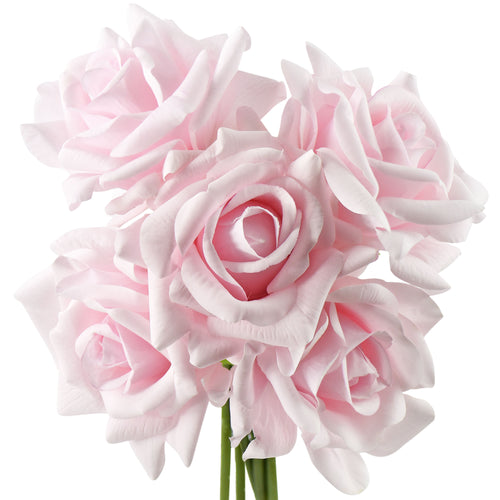 FiveSeasonStuff Light Pink Real Touch Garden Rose Artificial Flowers Wedding, Bridal, Home Décor 5 Stems 9.8"