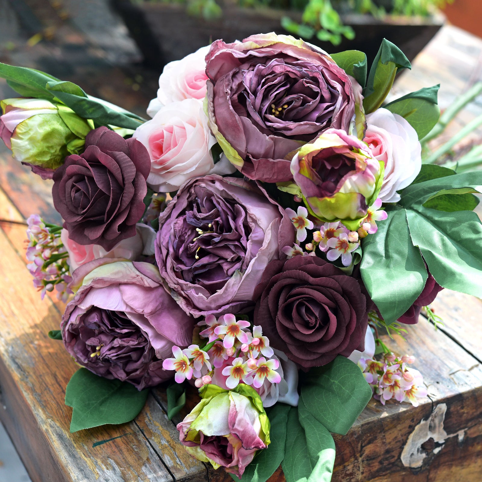 Purple Nostalgic Sentimental Rustic Vintage Silk Peony Artificial Flower Bouquet 6 Stems