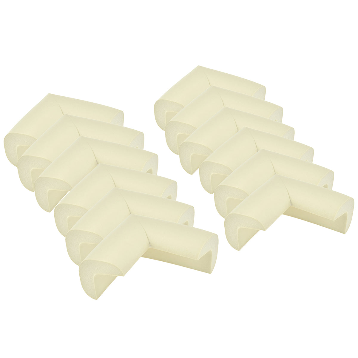 2 rows of 6 pieces neatly placed beige l-shaped foam corner protectors show with a white background.
