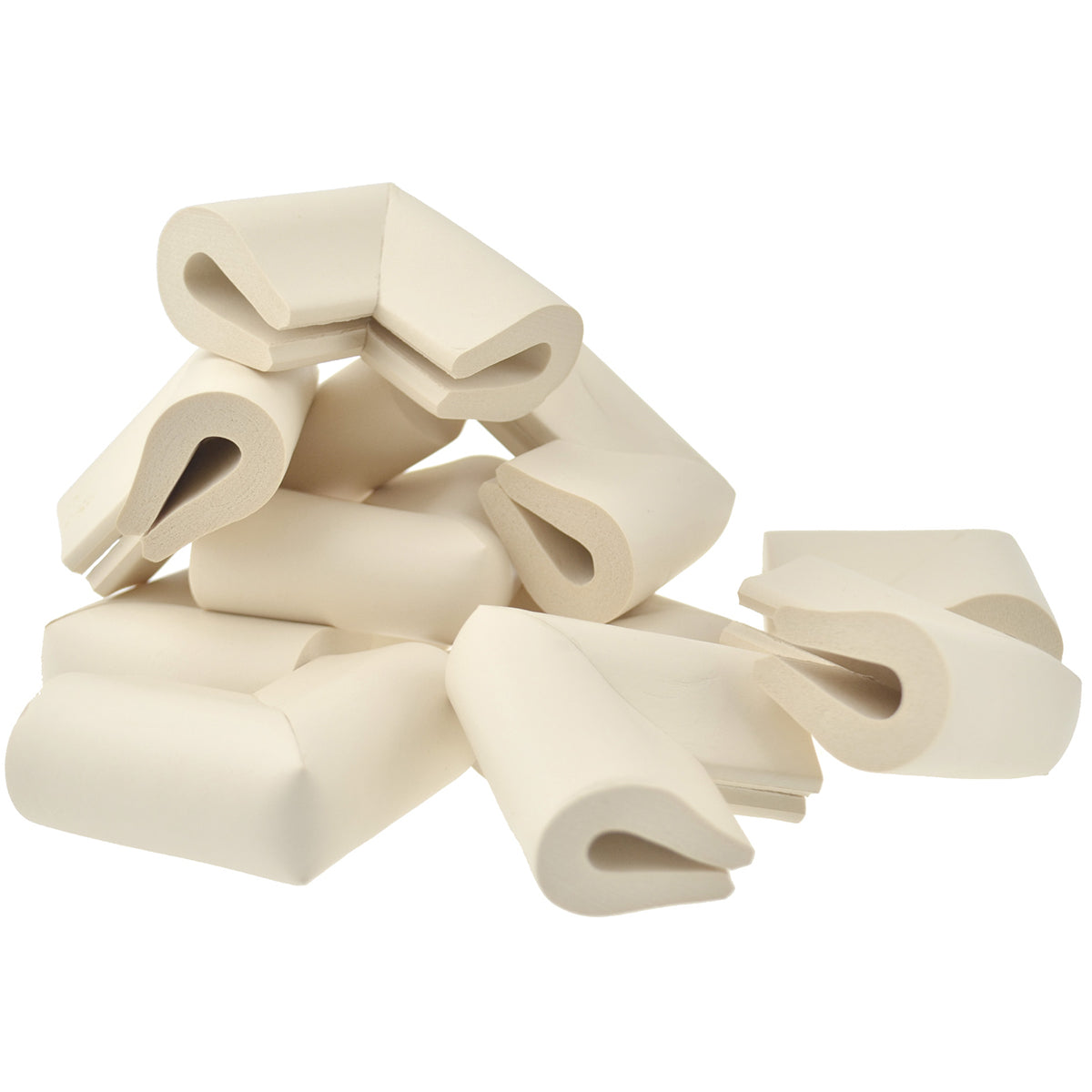 12 pieces randomly placed beige u-shaped foam corner protectors show with a white background.