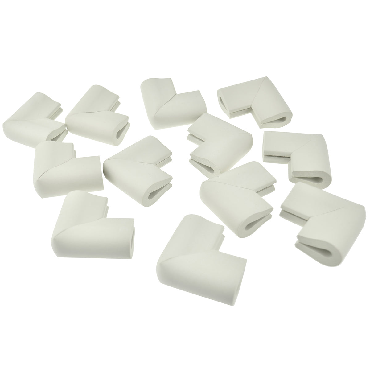 12 pieces randomly placed cream white u-shaped foam corner protectors show with a white background.