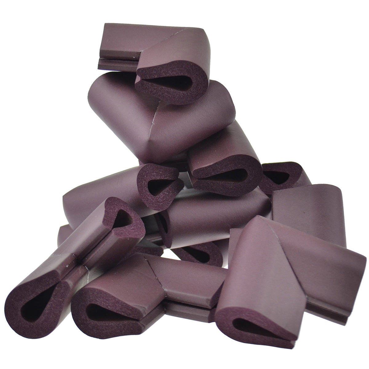 12 pieces randomly placed maroon u-shaped foam corner protectors show with a white background.