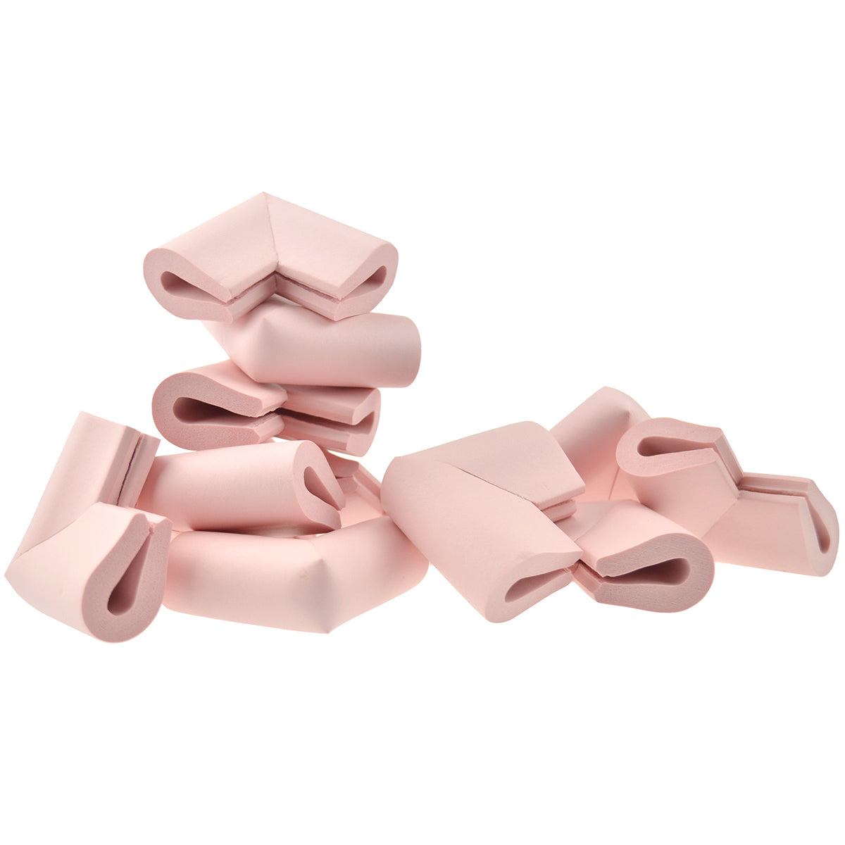 12 pieces randomly placed pink u-shaped foam corner protectors show with a white background.