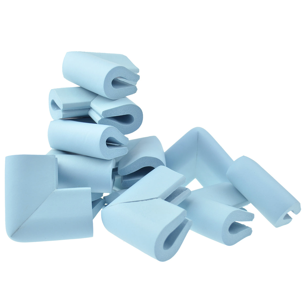 12 pieces skyblue u-shaped foam corner protectors show with a white background.