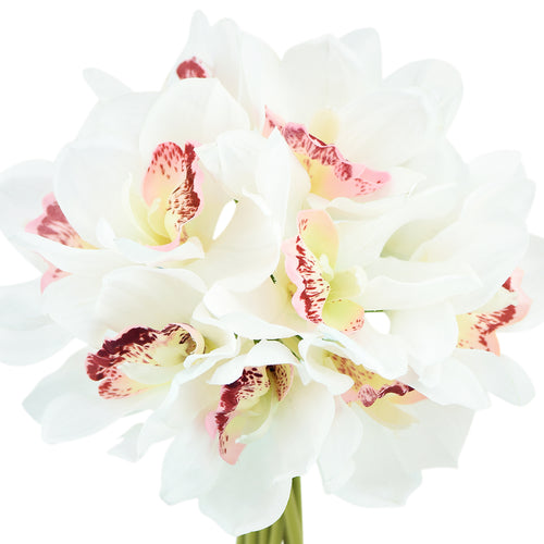 12 Stems Artificial Real Touch White Cymbidium Flowers & Bouquet 9.1 Inches (23cm)