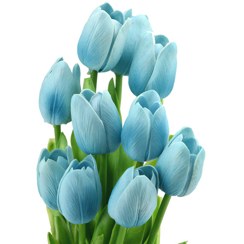 Milky Lake Blue Real Touch Tulips Artificial Flowers Bouquet 10 Stems