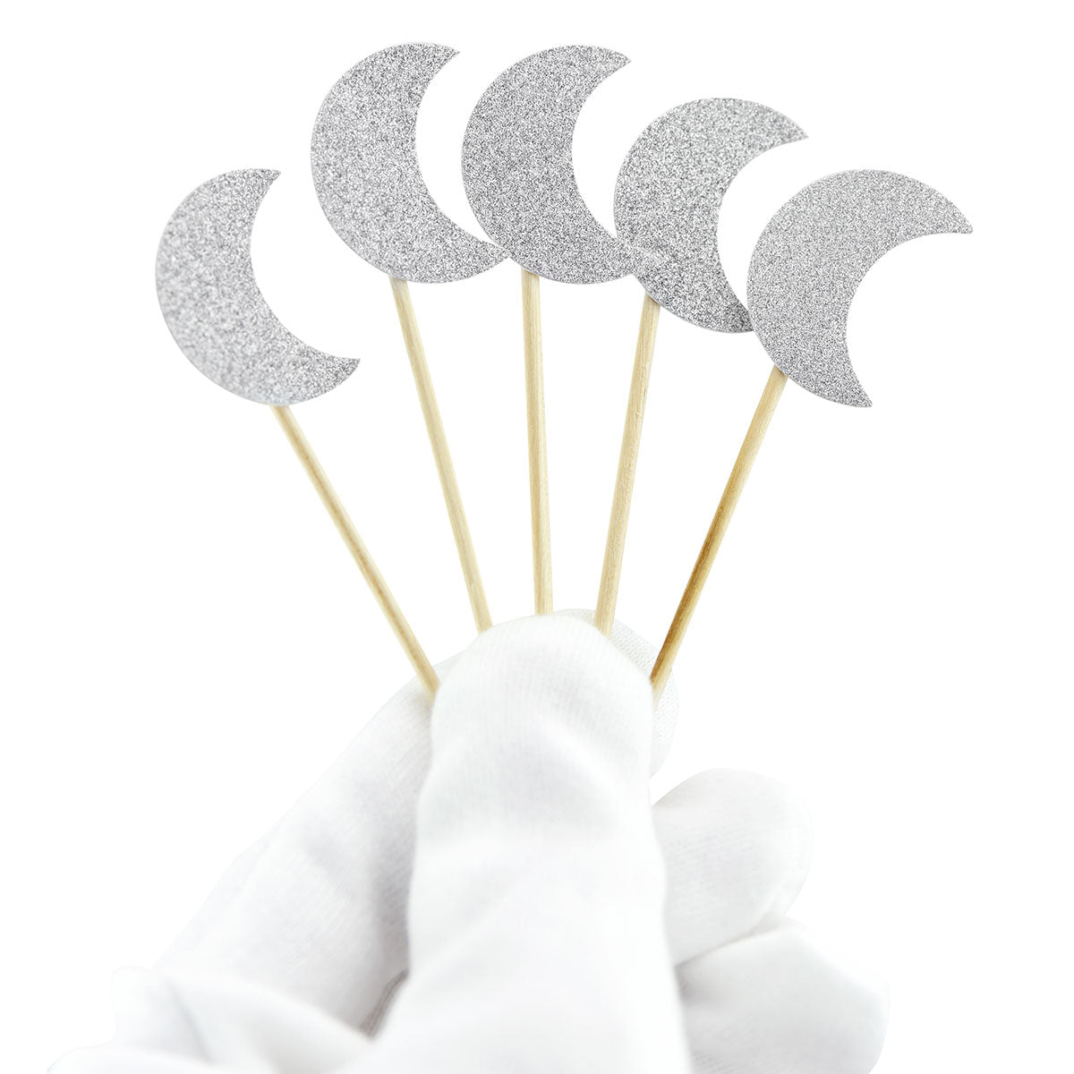 Silver Glitter Moon Cake Toppers 50 Pcs