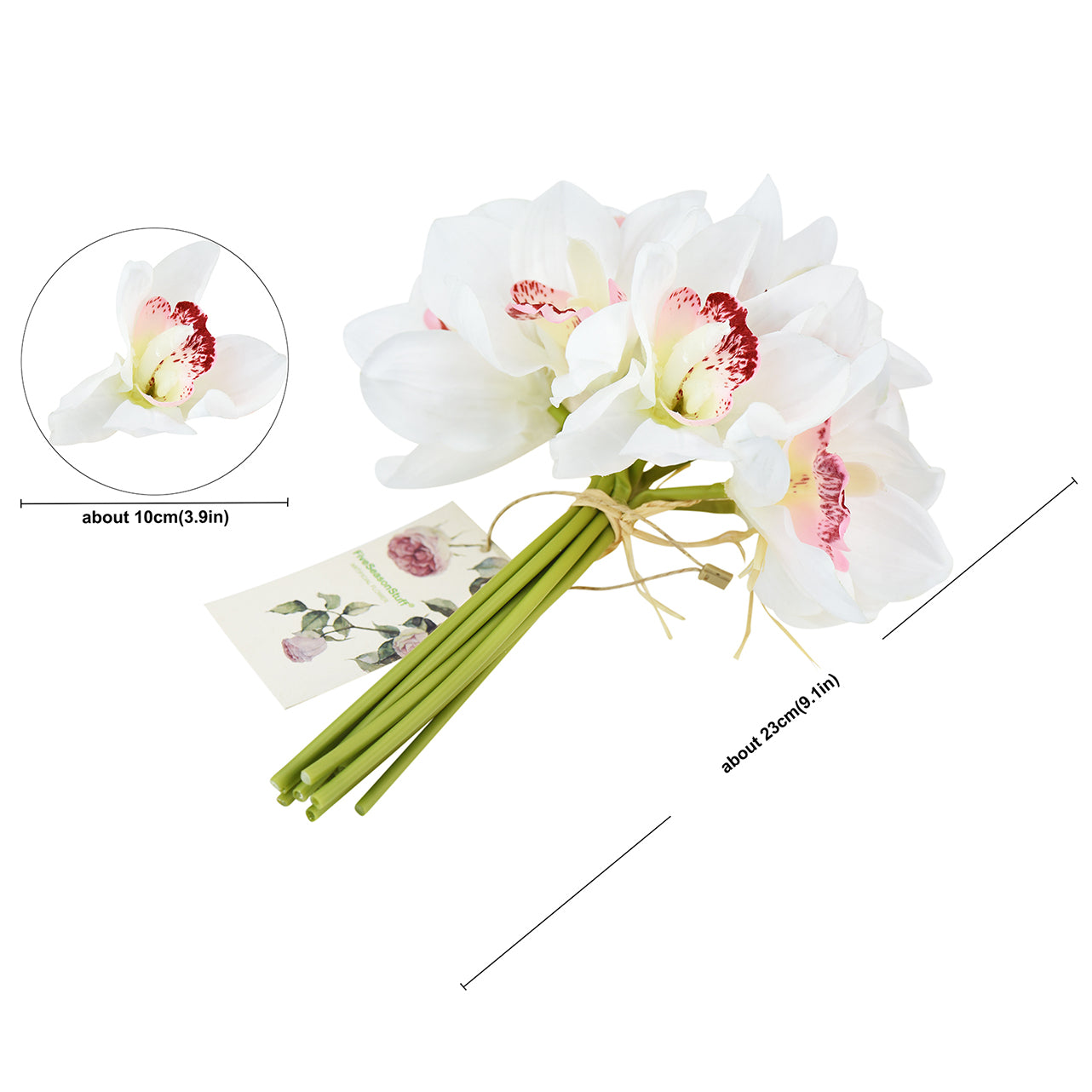 12 Stems Artificial Real Touch White Cymbidium Flowers & Bouquet 9.1 Inches (23cm)