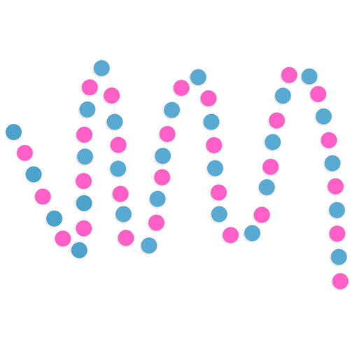 A string of Blue & Fuchsia Circle Paper Garland show with a white background. 