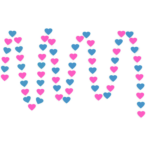 A string of Blue & Fuchsia Hearts Paper Garland show with a white background. 