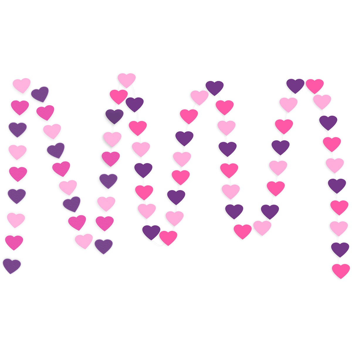 A string of Fuchsia, Purple, Pink Hearts Paper Garland show with a white background. 