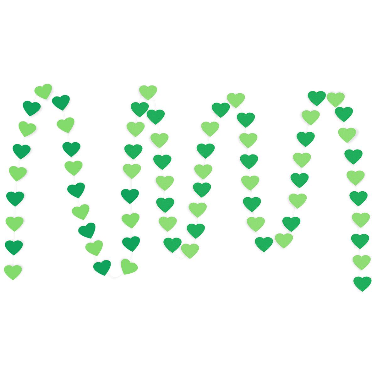 A string of Green & Dark Green Hearts Paper Garland show with a white background. 
