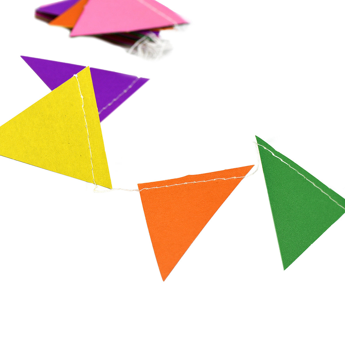 A string of colorful Pennant Paper Garland show with a white background. 