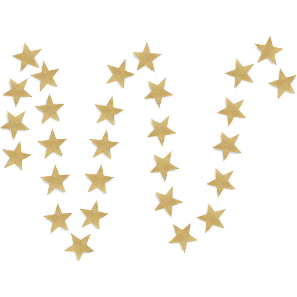A string of gold stars paper garland show with a white background. 