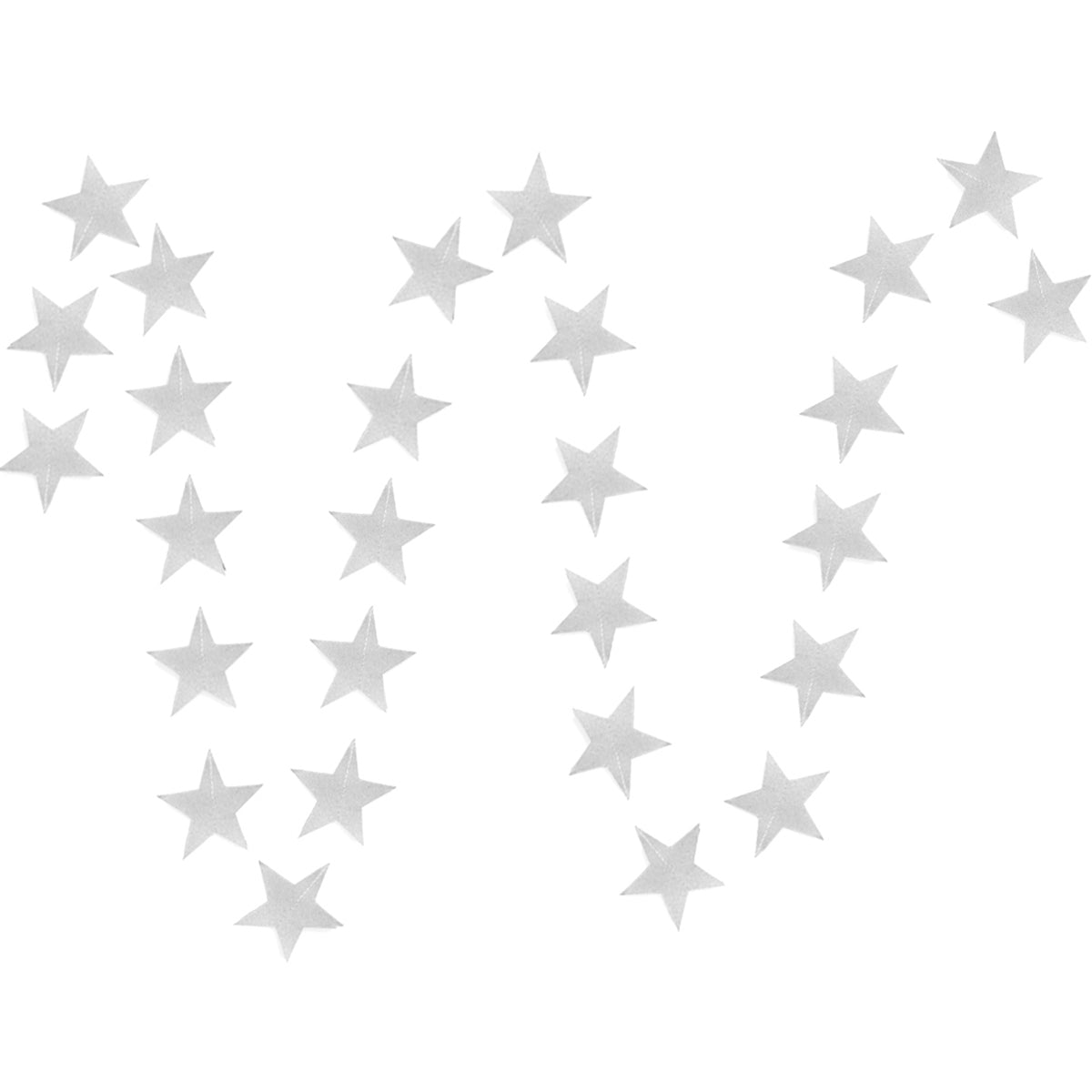 A string of silver stars paper garland show with a white background. 