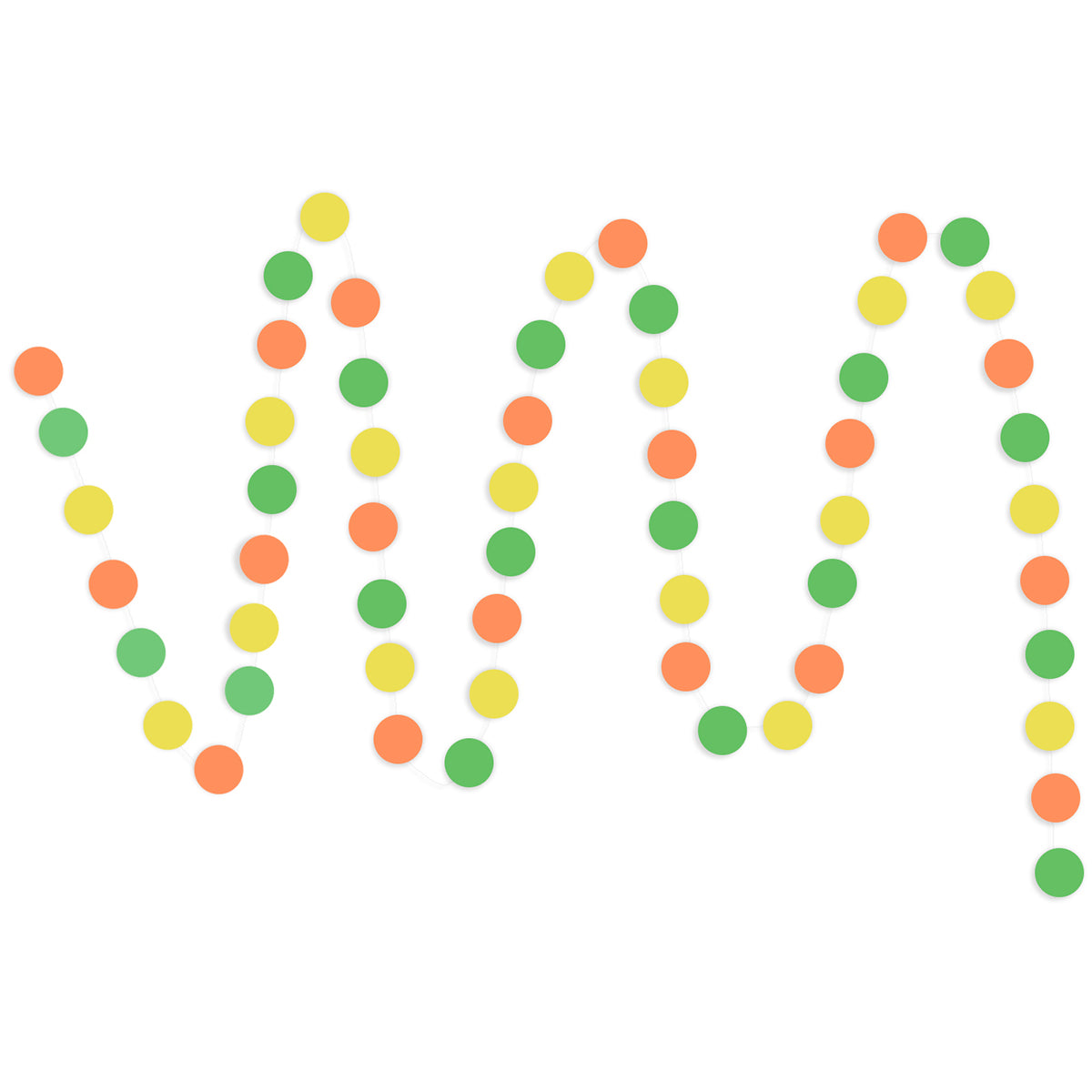 A string of Yellow, Orange, Green Circle Paper Garland show with a white background. 