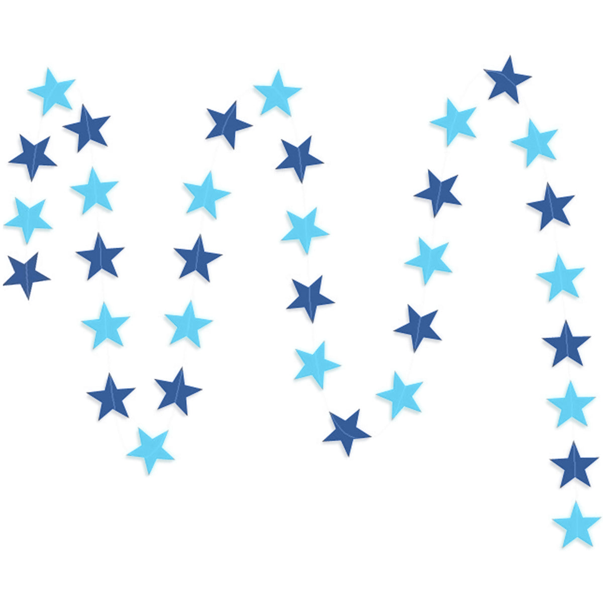 A string of blue & dark blue small stars paper garland show with a white background. 