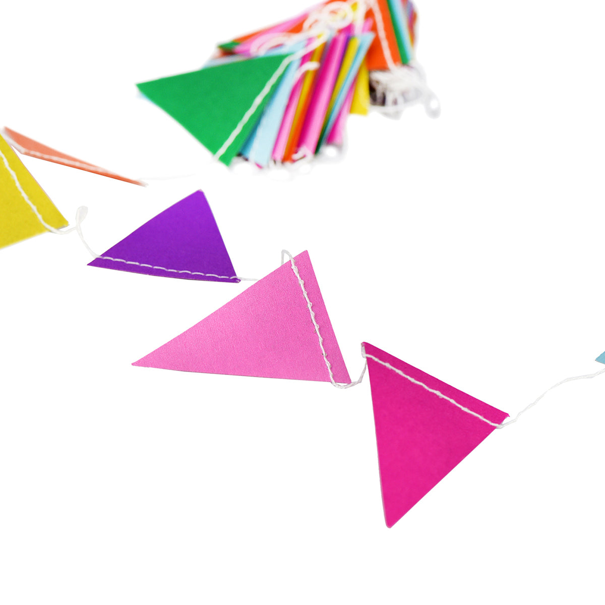 A string of colorful small Pennant Paper Garland show with a white background. 