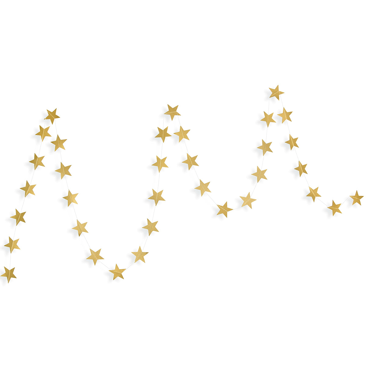A string of gold stars paper garland show with a white background. 