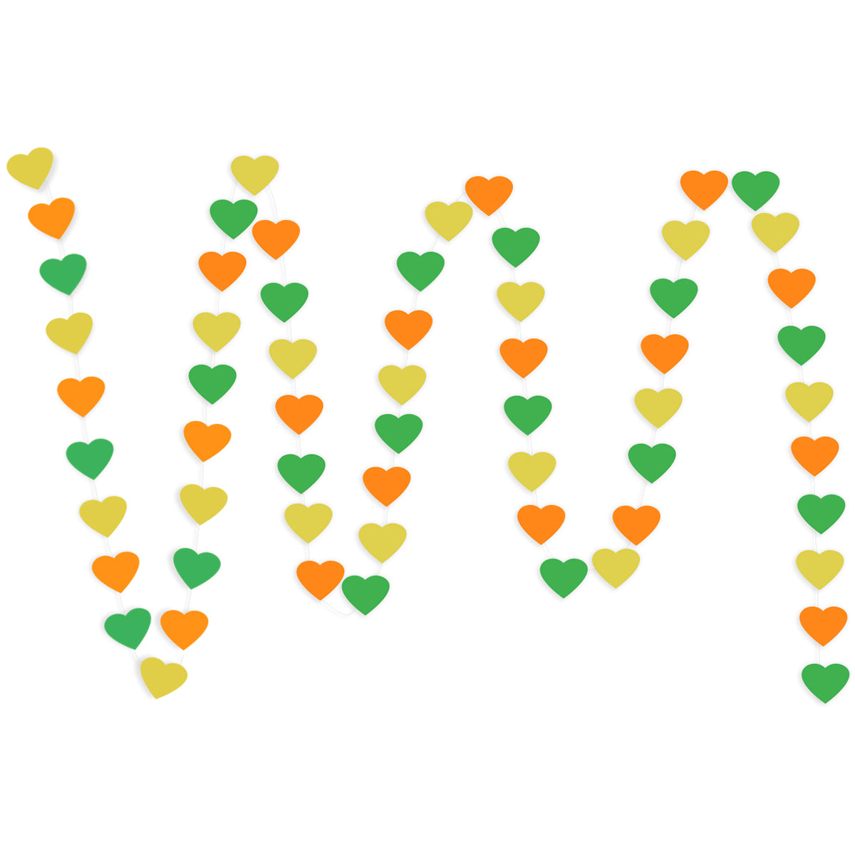A string of Yellow, Orange, Green Hearts Paper Garland show with a white background. 