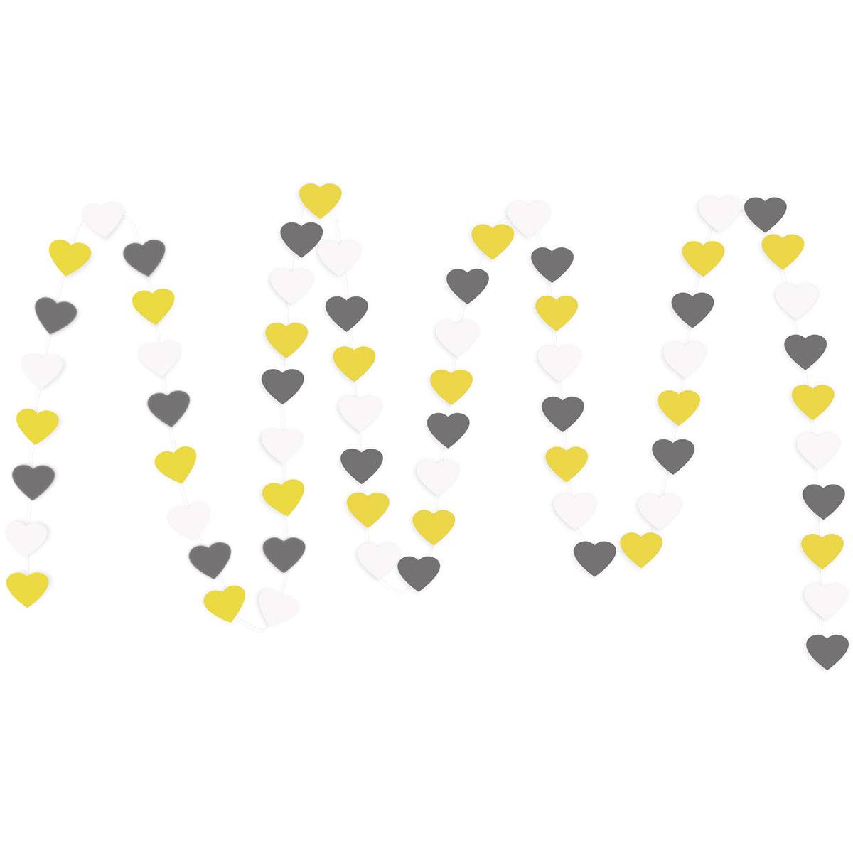 A string of Yellow, White, Gray Hearts Paper Garland show with a white background. 