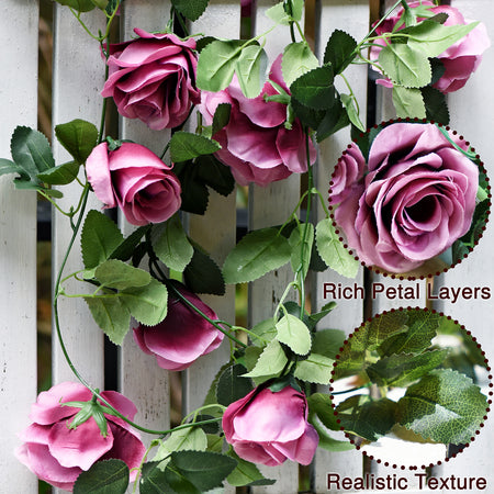 Artificial Silk Rose Garlands Vine Plant Flower Leaves (Fuchhsia) 2 Pcs