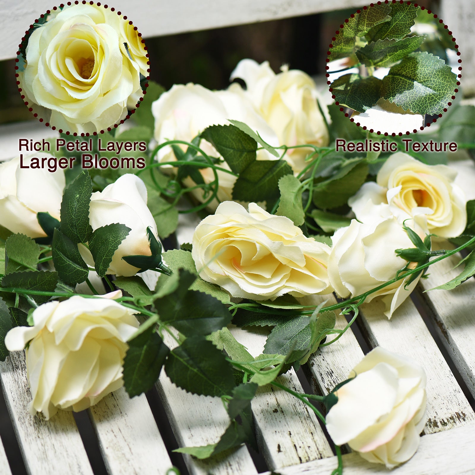 2 Bunches 14.4 ft of Cream White Artificial Silk Rose Vines Hanging Foliage Leaves