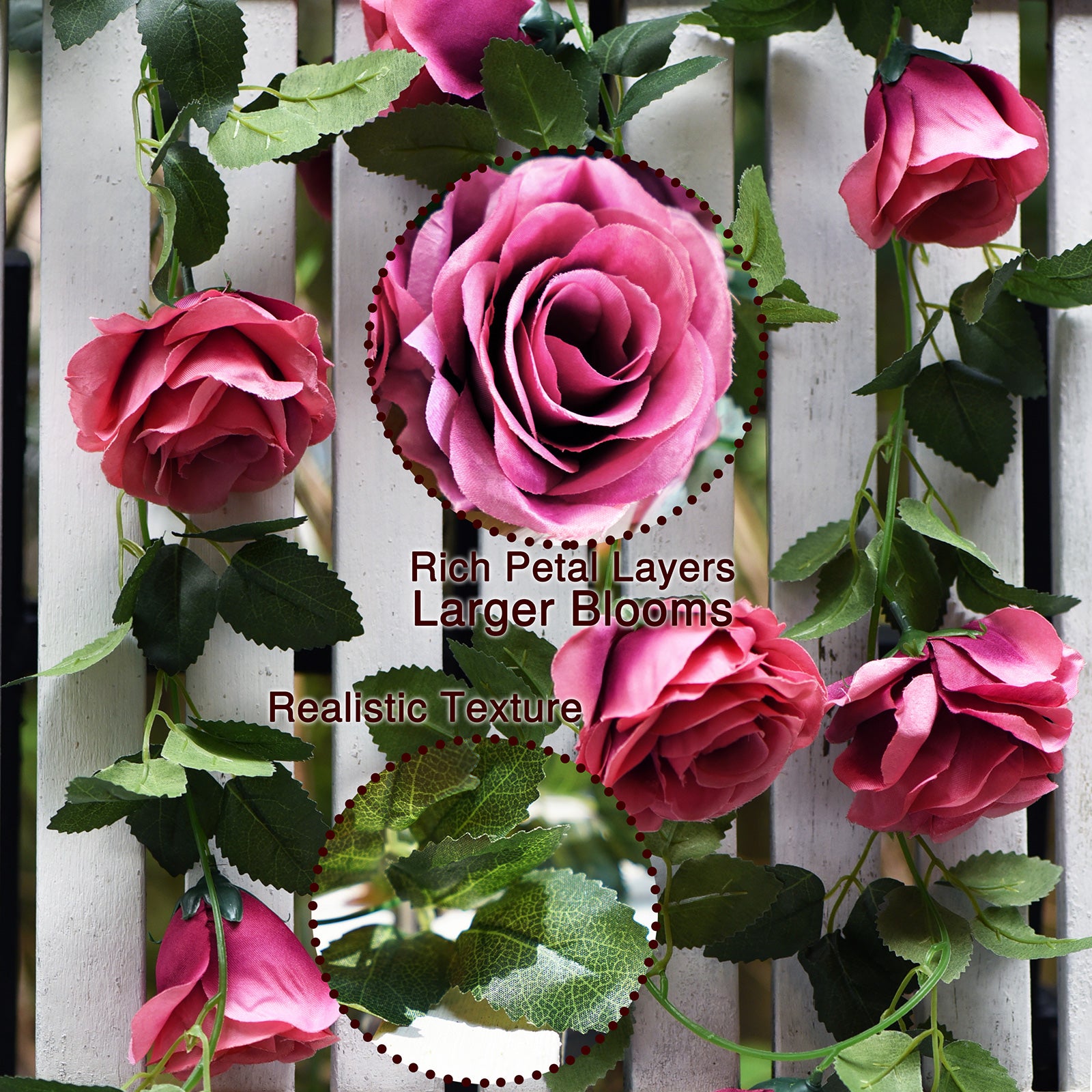 2 Pcs Raspberry Pink Artificial Silk Rose Garland Vine Plant Flower Leaves