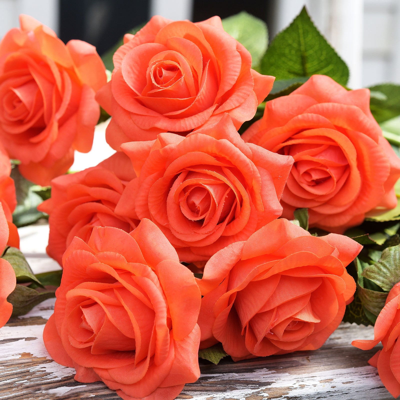 Sunset Orange Real Touch Roses Silk Artificial Flowers ‘Petals Feel and Look like Fresh Roses' (10 Stems)