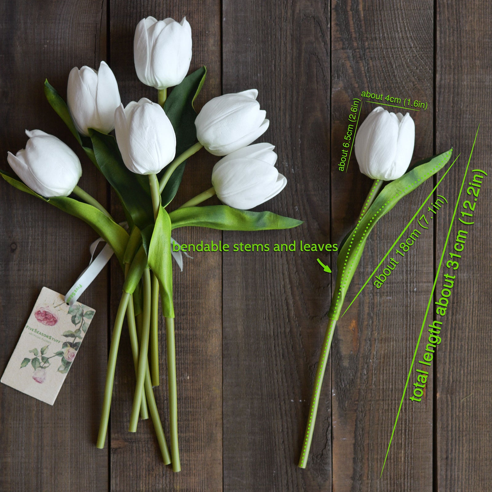 7 Stems of (White) Real Touch Tulip Artificial Flowers Bouquet
