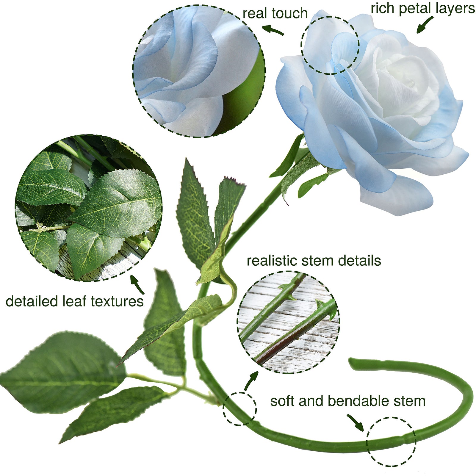 Real Touch Antarctic Icy Blue Roses Silk Artificial Flowers ‘Petals Feel and Look like Fresh Roses' Wedding, Bridal, Home Décor